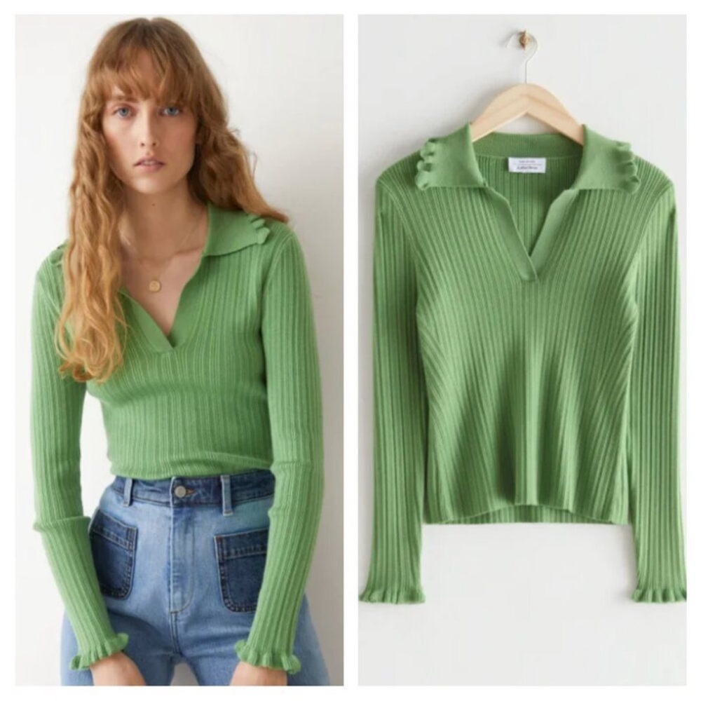 & OTHER STORIES Ribbed Knit Long Sleeve Collar Top Lettuce Hem Shirt Green M